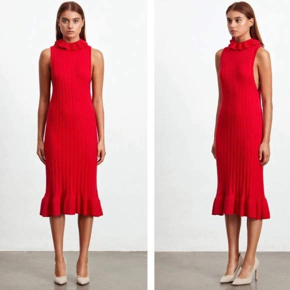 Elliatt Pomodoro Sleeveless Sweater Dress Red Large Turtleneck Ruffle Hem - Picture 2 of 13